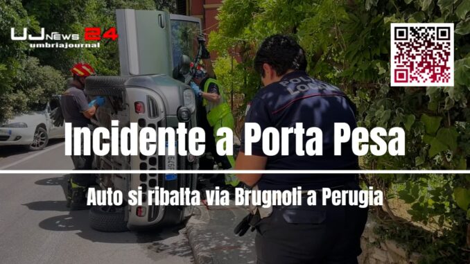 Incidente a Porta Pesa, auto si ribalta via Brugnoli a Perugia